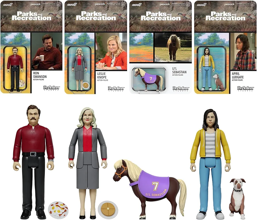 Super7 Parks and Recreation Bundle - 3.75 in Ron Swanson, Leslie Knope, Li'l Sebastian, and April Ludgate Action Figures with Accessories Classic TV Show Collectibles and Pop Culture Toys