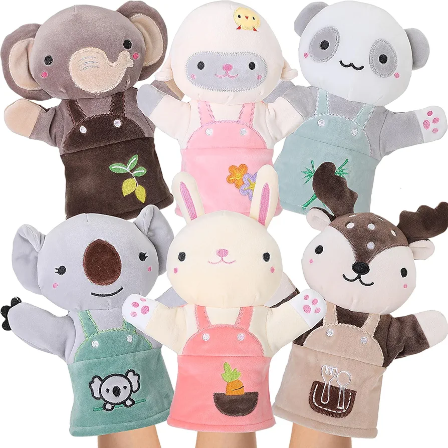 Set of 6 Animal Hand Puppets Buddies Hand Puppets Soft Stuffed with PP Cotton Junior Puppet Plush Animals Toy for Storytelling Preschool Teaching Imaginative Role Play, Multicolor