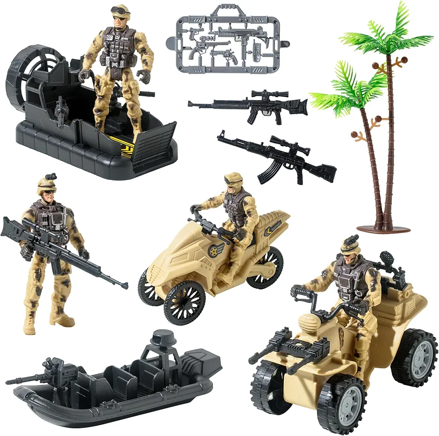 Army Men Action Figures with Military Vehicles Toys Playset, Toy Soldiers with Military Boats, Protective Net,Small Pistol for Kids Boys Girls, Age 6 7 8 9 10