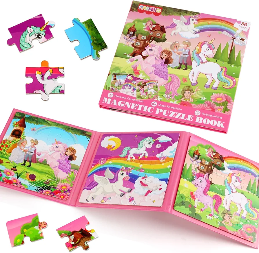 Magnetic Puzzles for Kids Ages 4-6, 20-Piece Toddler Travel Toys Unicorn Princess Puzzles Ages 3-5, Educational Learning Magnets, Ideal Road Trip Activities Toys for 3 4 5 6 Boys and Girls