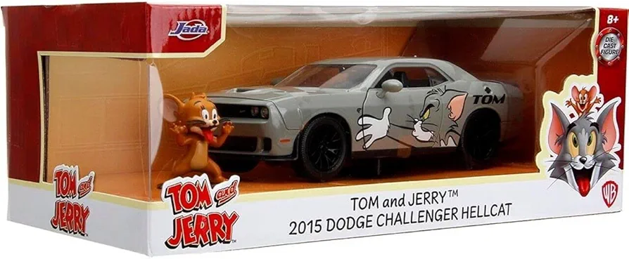 Jada Toys Tom and Jerry 1:24 2015 Dodge Challenger Hellcat Die-cast Car w/ 2.75" Jerry Figure, Toys for Kids and Adults