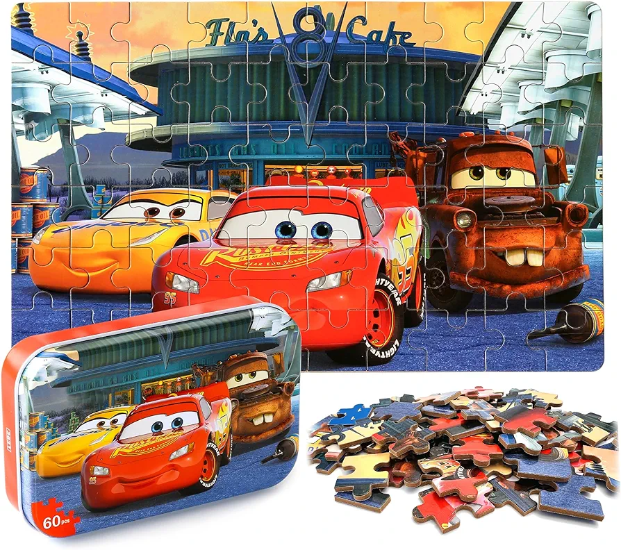 LELEMON Car Jigsaw Puzzles in a Metal Box 60 Pieces Lightning Jigsaw Puzzle for Kids Ages 4-8 Children Learning Educational Puzzles Toys