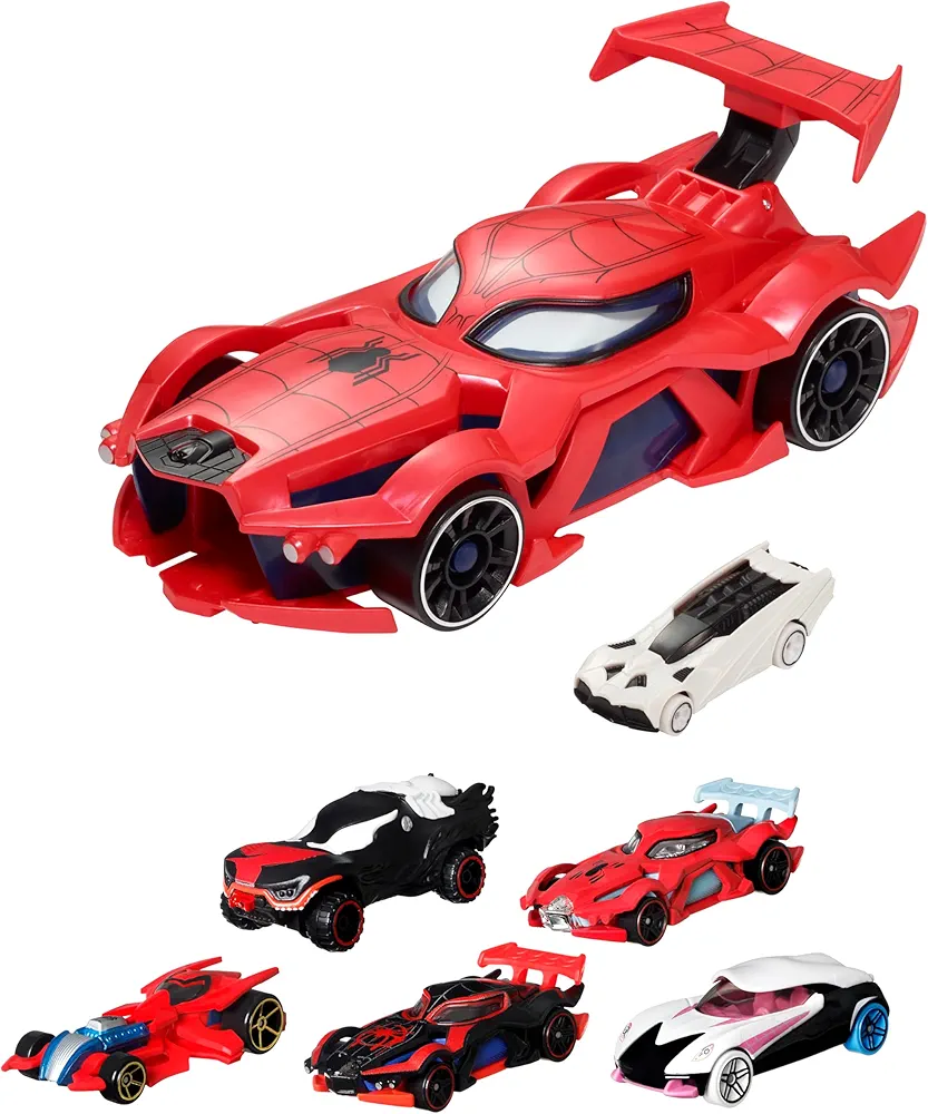 Bundle of Hot Wheels Marvel Spider-Man Web-Car Launcher with Movement-Activated Eyes & 1:64 Scale Toy Character Car (Amazon Exclusive) + Spider-Man 5-Pack 1:64 Scale Toy Cars