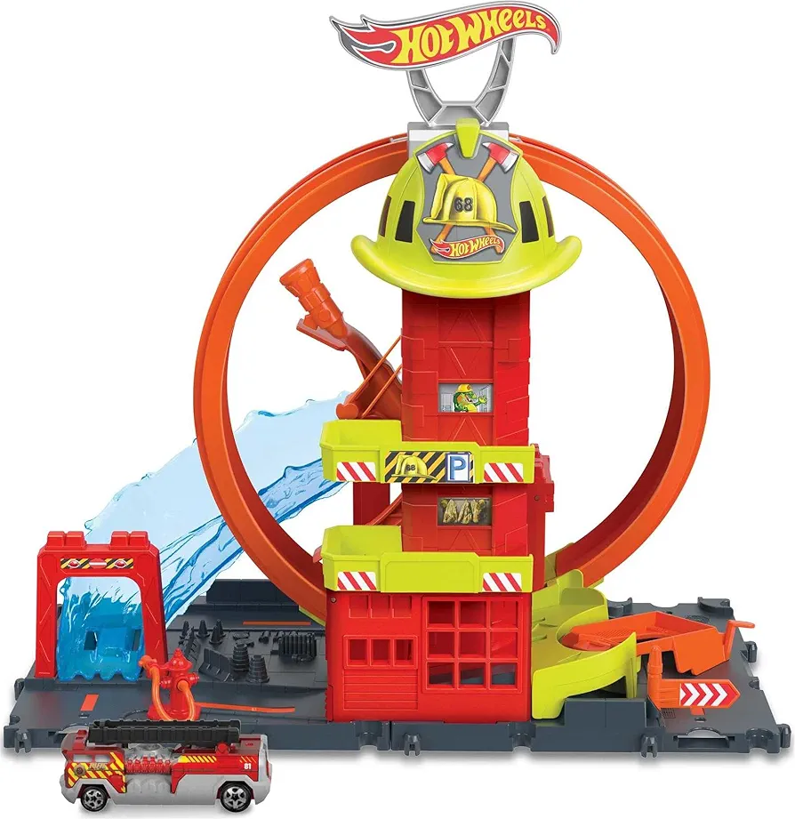 Hot Wheels City Toy Car Track Set, Super Loop Fire Station & 1:64 Scale Firetruck, Connects to Other Sets