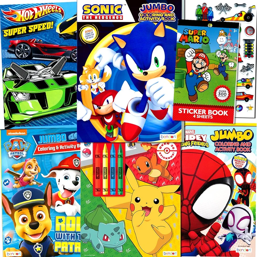 Kids Coloring & Activity Books for Boys Ages 4-8 Featuring Sonic The Hedgehog,Pokemon,Paw Patrol Bundle with Coloring Utensils, Stickers, and More