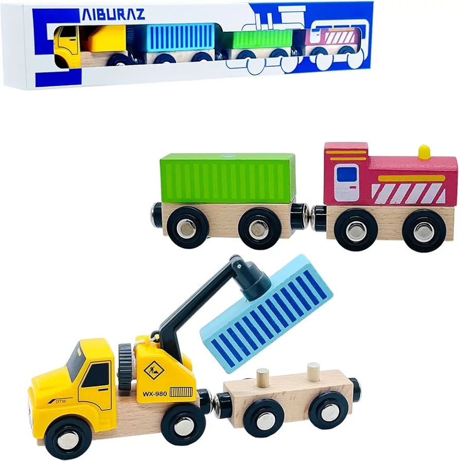 Wooden Trains Cars with Crane Magnetic Train Toys for Wooden Train Tracks Train Sets for Toddlers and Kids Ages 3+ (Crane Train)