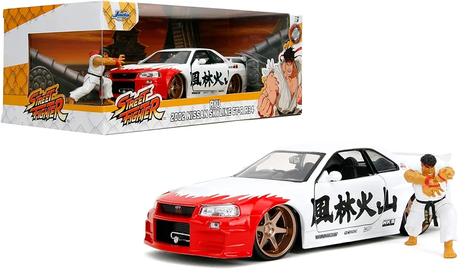 Street Fighter 1:24 2002 Nissan Skyline GT-R R-34 Die-Cast Car & 2.75" Ryu Figure, Toys for Kids and Adults