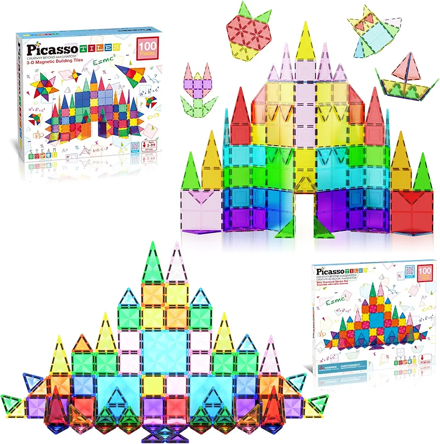 PicassoTiles Mega Building Bundle: 100PC Magnet Tiles + 100PC Mini Diamond Construction Blocks: STEAM Learning & Educational Sensory Playset for Preschool & Kindergarten Kids, A Classroom Must Have