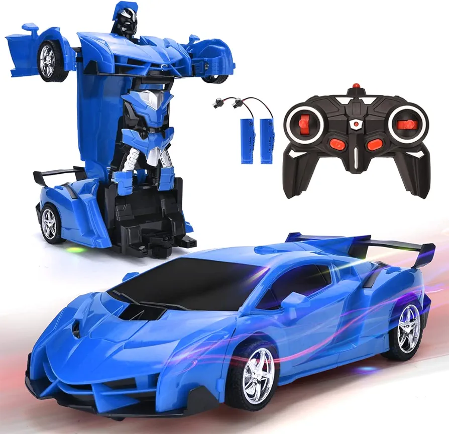 Remote Control Car, RC Transformer Cars Toy for Kids, 360° Rotating Deformation with LED Light, Transform Robot RC Car, Boys Girls New Year's Gift (Blue)