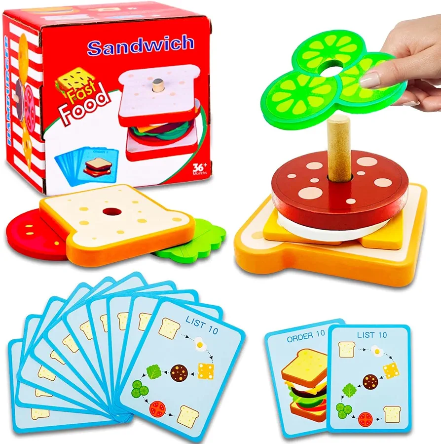 Wooden Montessori Burger Stacking Toys,Activities Puzzles for Preschool Educational and Learning,Fine Motor Toy for 3+ Year Old Baby and Toddler