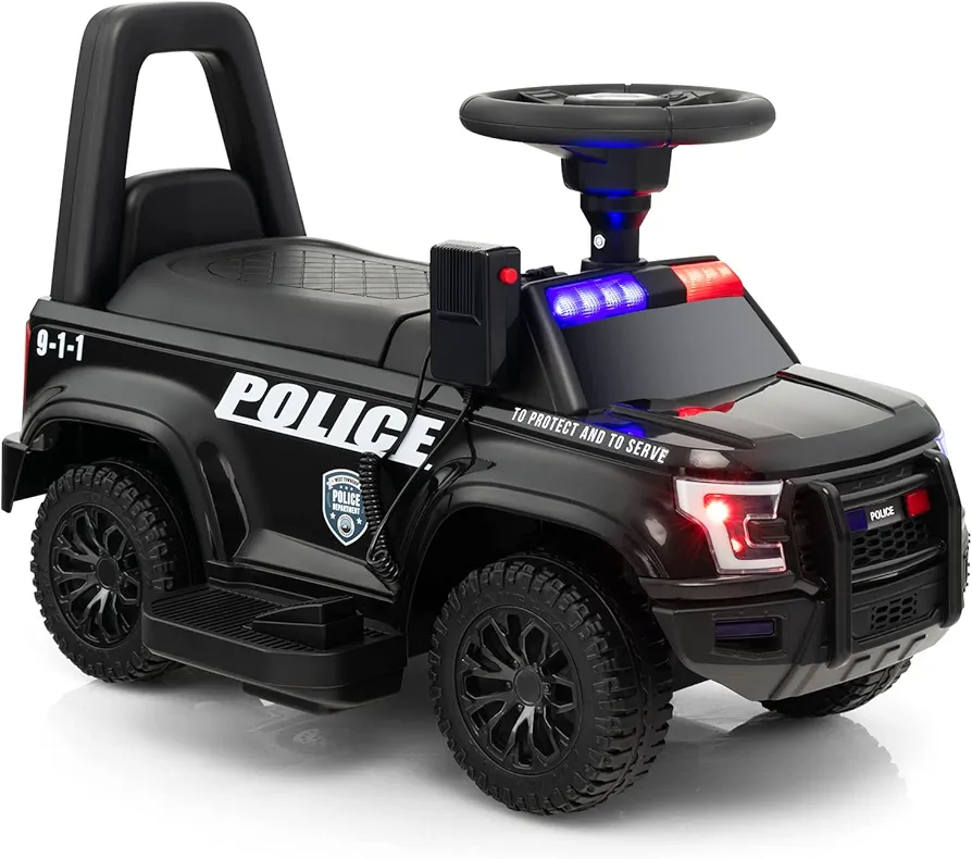 GLACER Kids Ride On Police Car, 6V Battery Powered Electric Toy Car w/Real Megaphone, Music, Siren Flashing Lights & Headlights, 4-Wheel Ride-on Vehicle for Girls & Boys 18-60 Months (Black)