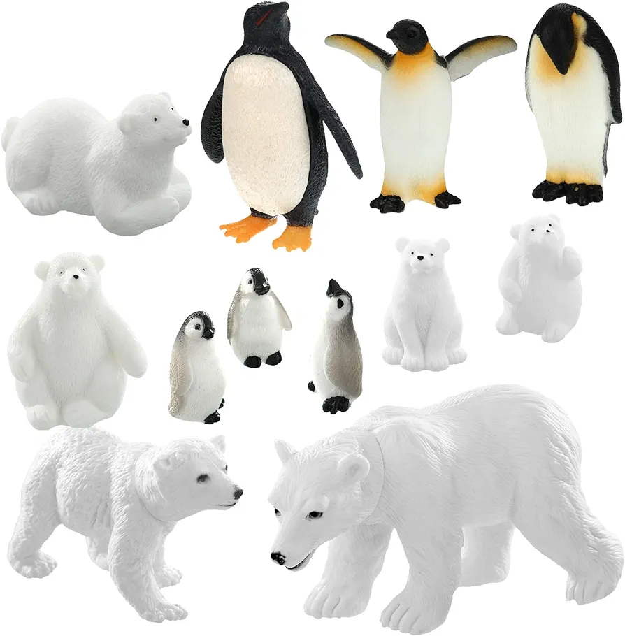 12 Pieces Realistic Polar Animal Figurines Arctic Toys Polar Animal Figures Set includes 6 Pieces Polar Animal Bear Figurines and 6 Pieces Emperor Penguin Family Figures Birthday Party Favor