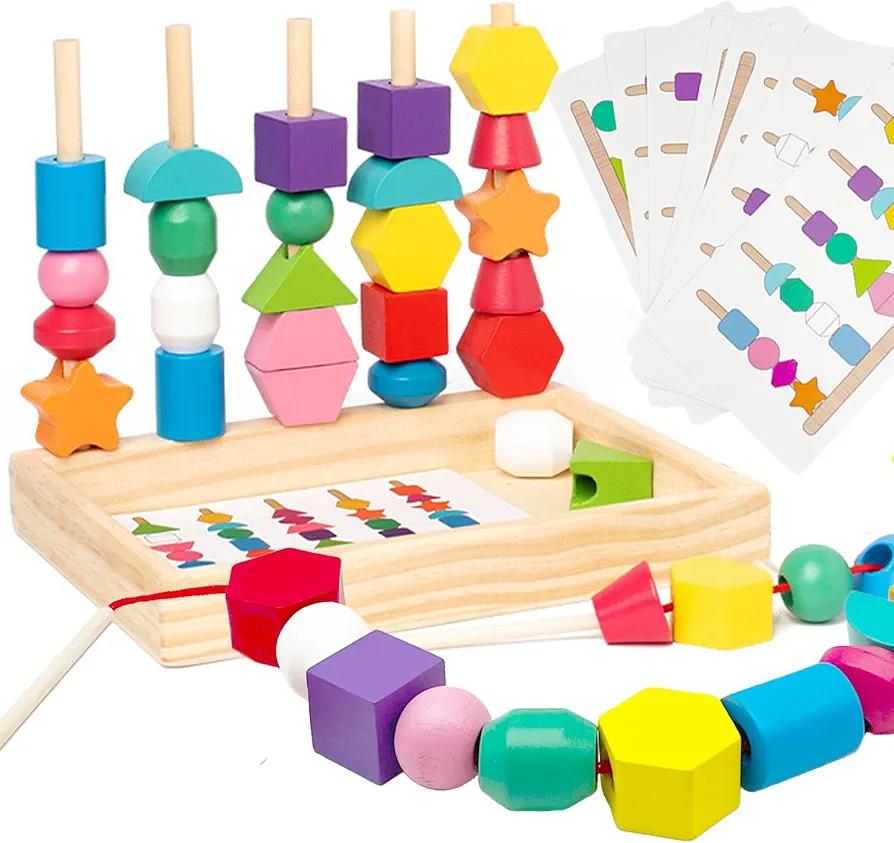 Montessori Toys Bead Sequencing, Wooden Lacing Beads & Matching Shapes Colors Stacking Toy for 2 3 4 5 Year Old, Toddlers Preschool Learning Fine Motor Skills Toys