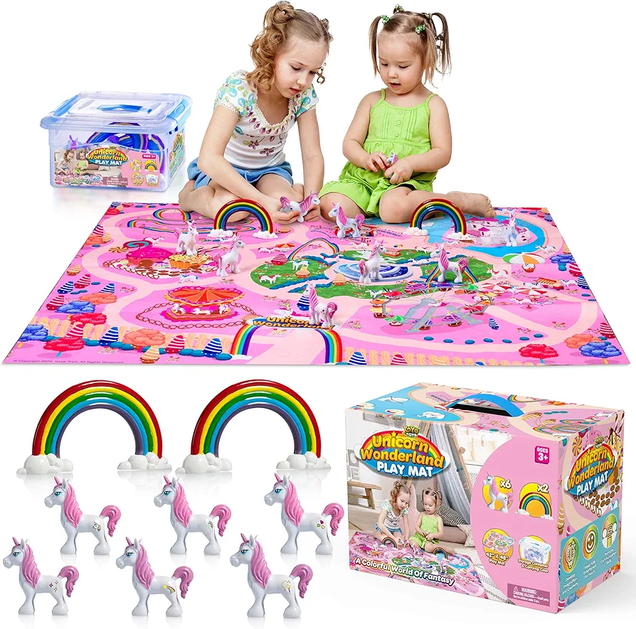 YoYa Toys Unicorn Wonderland Play Mat & Unicorn Toy Set | Colorful Activity Playmat & (6) Unicorn Figurine Set Keeps Little Girls Entertained for Hours | Adorable Playset Makes a Great Gift for Girls