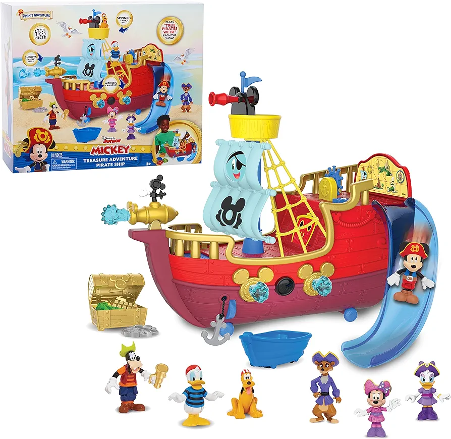 Disney Junior Mickey Mouse Funhouse Treasure Adventure Pirate Ship with Bonus Figures, 18-piece Toy Figures and Playset, Officially Licensed Kids Toys for Ages 3 Up, Amazon Exclusive