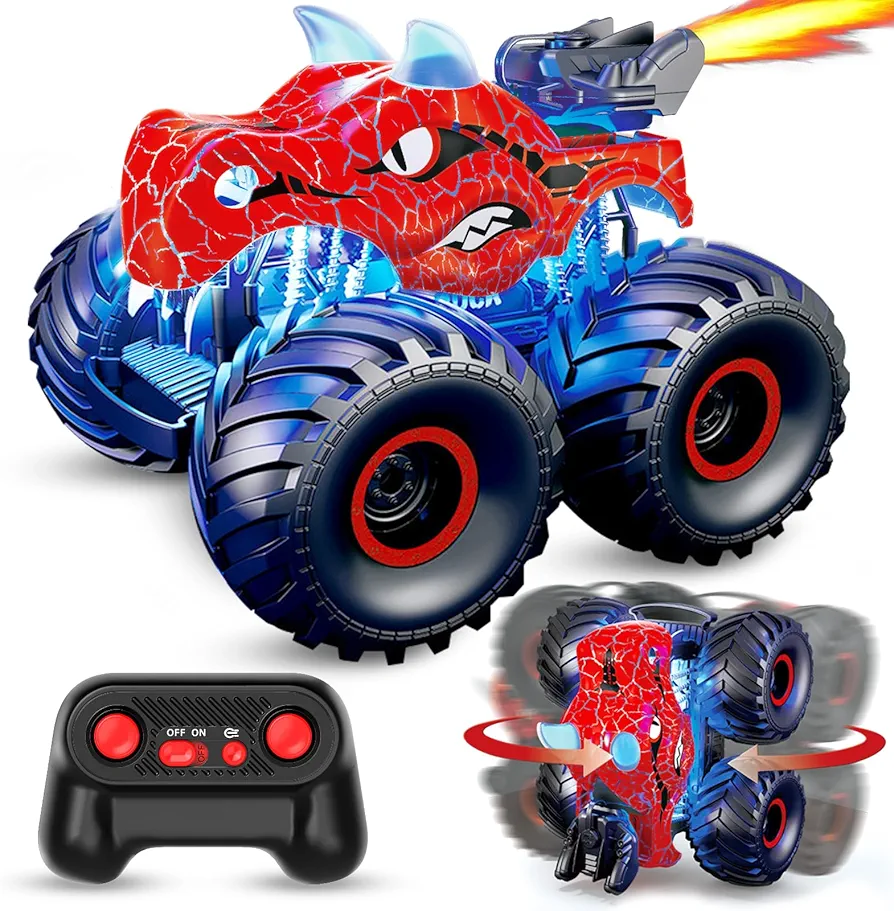 Dinosaur Remote Control Car, 2.4GHz Monster Trucks for Boys Girls with Light, Sound & Spray, Dinosaur Toys Gift for Kids 3 4 5 6 7 8, All Terrain RC Cars for Toddlers with 2 Batteries