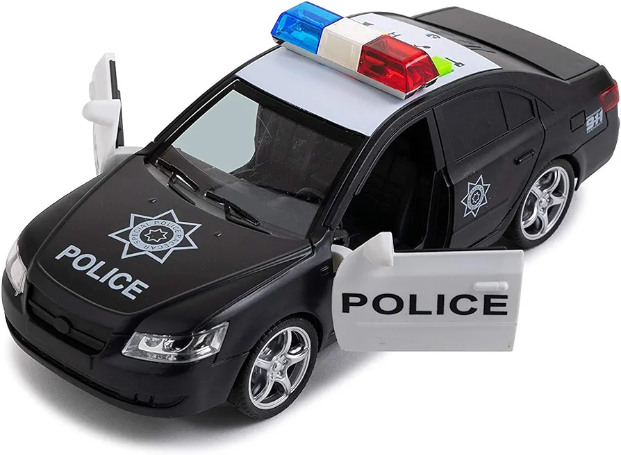 Toy To Enjoy Friction Powered Police Car with Light & Sounds – Heavy Duty Plastic Vehicle Toy for Kids & Children – Openable Doors, Detailed Interior