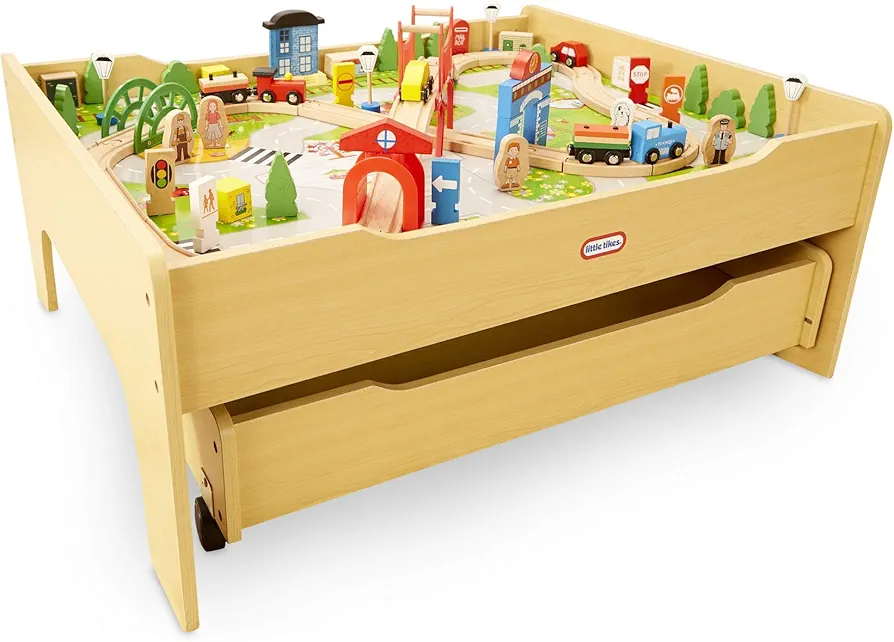 Little Tikes Real Wooden Train and Kids Table Set with Over 80 Multicolor Pieces Activity Table with Storage, Tracks, Trains, Cars, and More - Train Set Table Playset for Boys and Girls 3+ Years