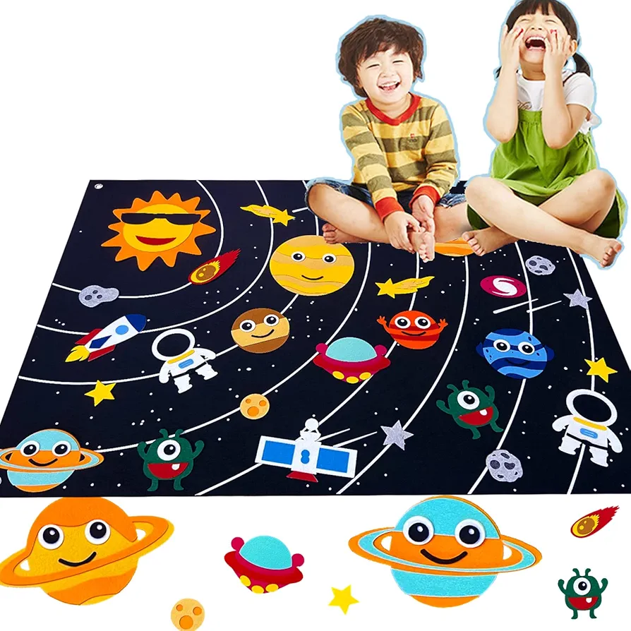 Outer Space Felt Story Board Set 34Pcs, Flannel Storytelling Universe Planets Themed Activity Playmat Kit Wall Hanging Gift for Toddlers Kids Early Learning Educational Game Rug 3.5 * 2.5Ft