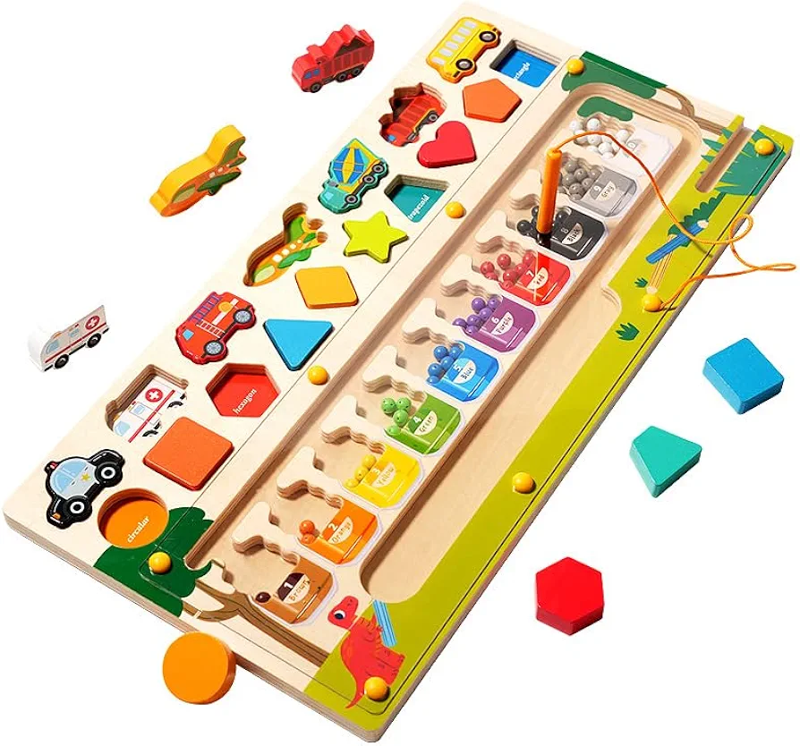 3 in 1 Toddler Montessori Toys for 2+ Year Old, Educational Magnetic Color and Number Maze, Shape & Vehicle Wooden Puzzle Sorting Toys for Toddlers, Preschool Learning Activities Classroom Must Haves