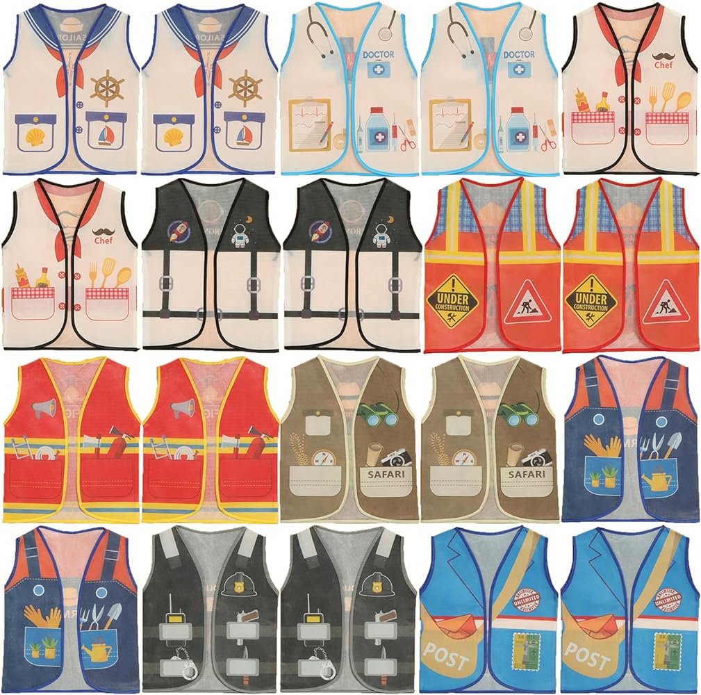 20 Pieces Kids Community Helper Costumes Dress Up Vest Career Cosplay Clothes Pretend and Play Costume for Kids Toddler Dramatic Play Toys