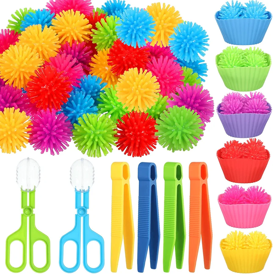 90 Pcs Fine Motor Skills Counting Sorting Sensory Bin Filler Toy Set Matching Game Include 72 Hedge Ball 4 Tweezer 2 Scissor Clip 12 Sorting Cup for Preschool Early Education Train Development