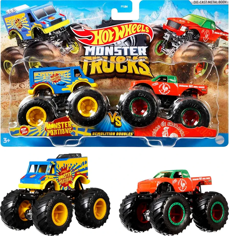 Hot Wheels Monster Trucks Toy Trucks 2-Pack, Demolition Doubles Set of 2 Vehicles in 1:64 Scale, for Kids & Collectors (Styles May Vary)