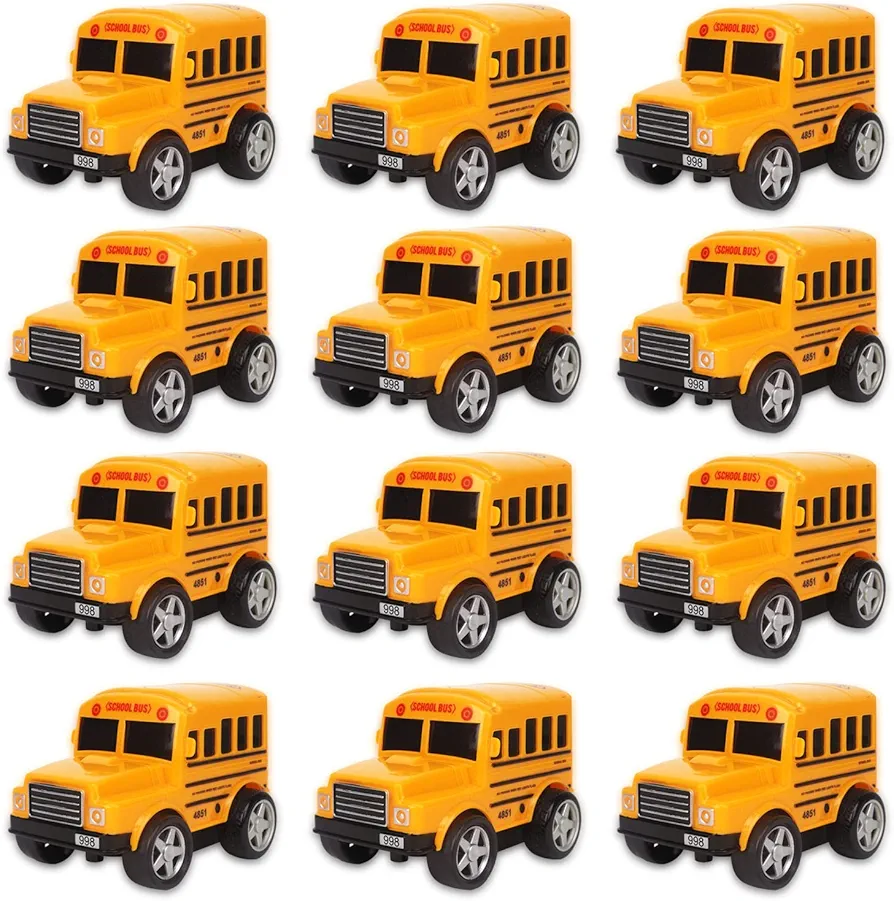 12 Pack in Box Chubby School Bus Model Toys - 4 inches Classic Long Nose Friction Powered 360 Rotation Vehicles - Ideal Gift, Party Favors for Kids (1 Dozen)