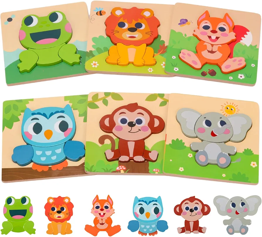 6Pack Wooden Puzzles Toddler Toys Gifts for1 2 3 Year Old Boys Girls, Animal Jigsaw Puzzles Preschool Puzzles Montessoris Learning Educational Gifts for Toddler 1-3 for 1 2 3 Toddlers