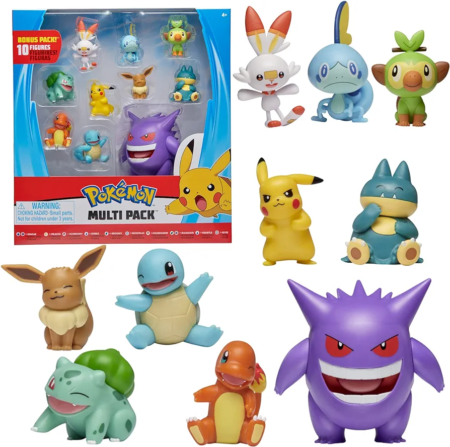 Pokémon Ultimate Battle Multi 10 Pack Action Figures - Gengar, Pikachu, Charmander, Squirtle, Bulbasaur, Eevee, Sobble, Grookey, Scorbunny & Munchlax - Official Authentic Details