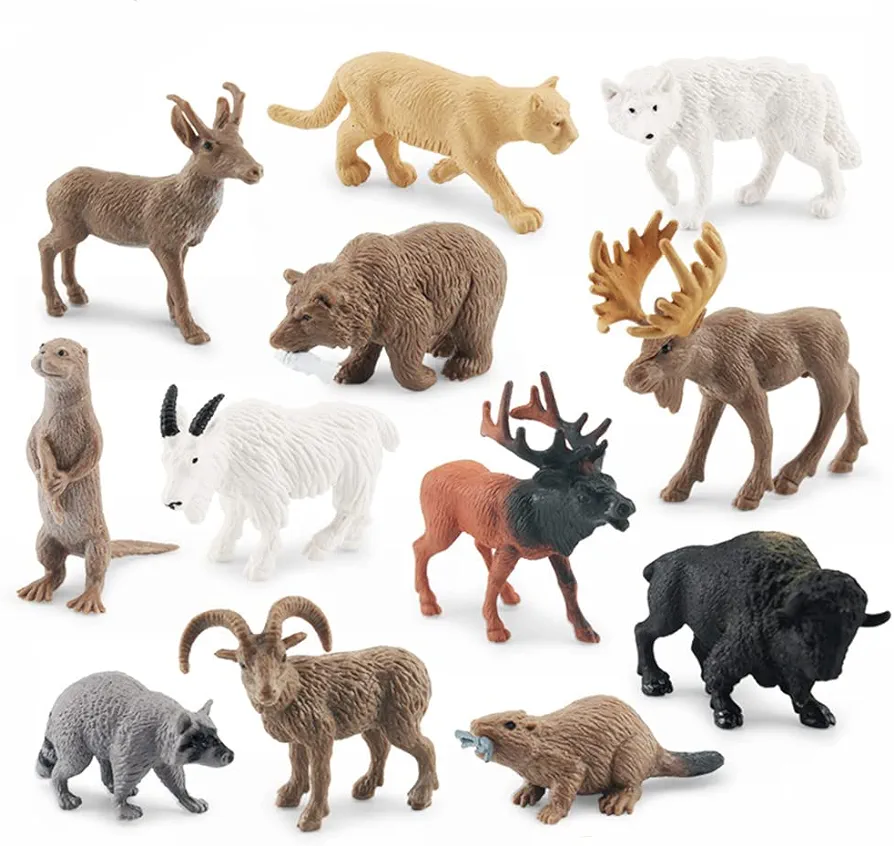 North American Animals Set 12PCS Mini Wild Animals Figurines Set cludes Moose Raccoon Cougar, Wolf, Beaver for Children Educational Toy Cake Toppers