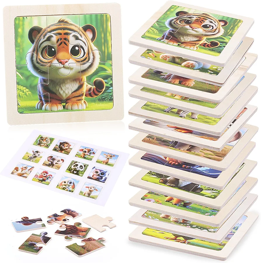 12Pack Forest Animals Wooden Jigsaw Puzzles for Kids Ages 1-3,6 Pieces Toddler Animal Puzzles Toys Gifts for 1 2 3 Year Old Boys Girls Learning Educational Preschool Toys