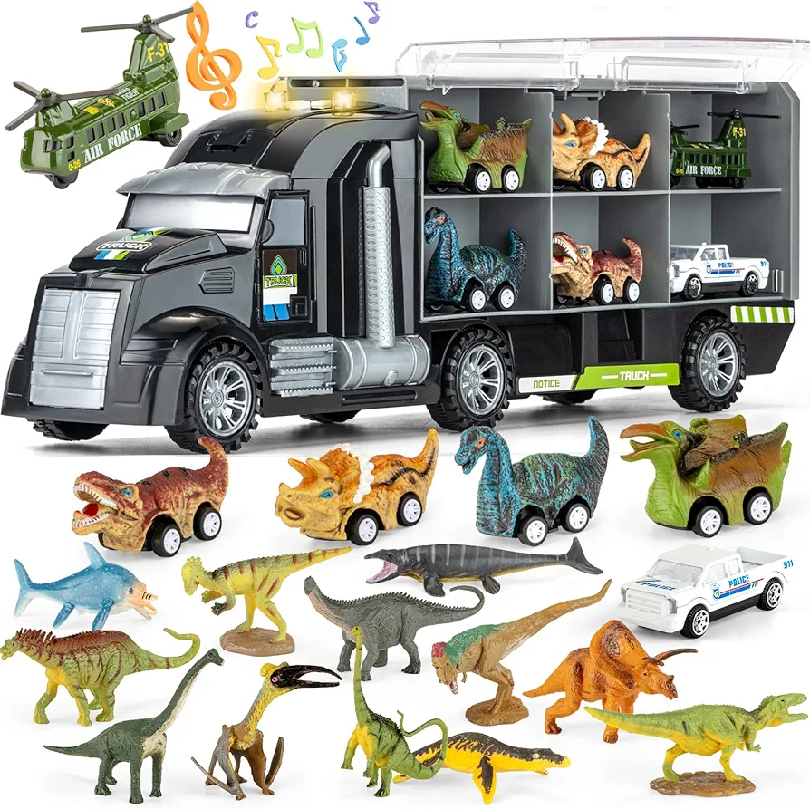 BOKABOKA 19 in 1 Dinosaur Truck for Kids,12PCS Mini Dinosaurs, 4PCS Dinosaur Pull Back Car, 2PCS Die-Cast Transport Carrier Car with Light and Sound Large Truck