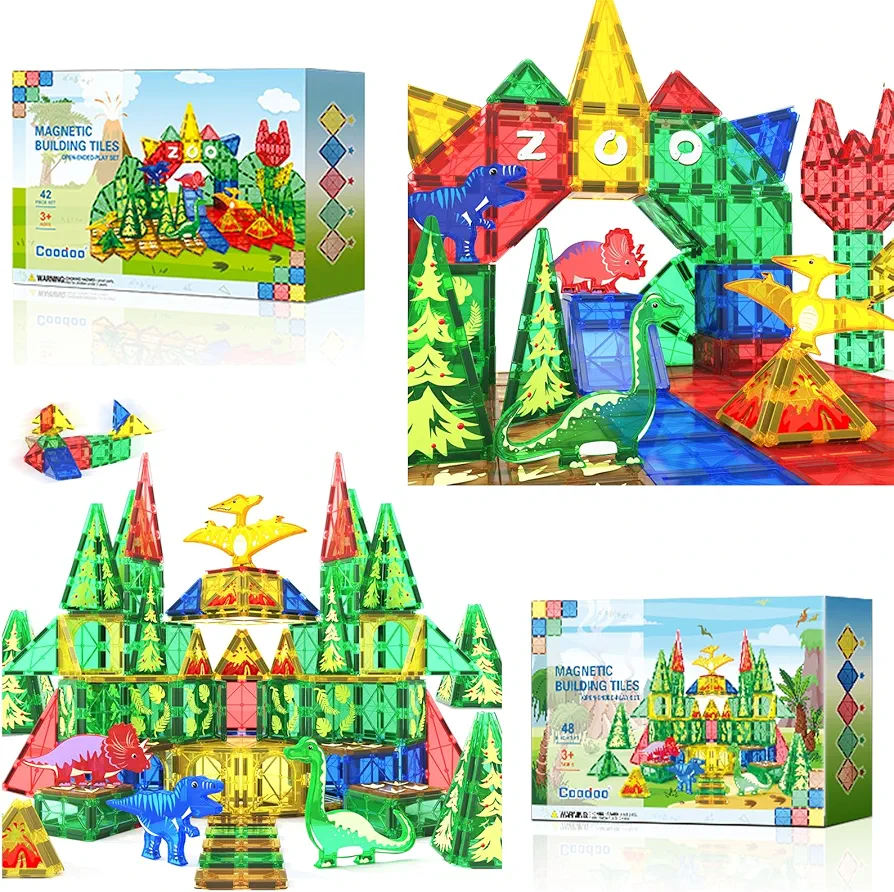 90 PCS Dinosaur Toys Magnetic Tiles Building Blocks Kids Toys - Dinosaur World STEM Magnet Toys for Toddlers Creative Construction Play for 3+ Year Old Boys Girls Ideal Preschool Learning Sensory Toys