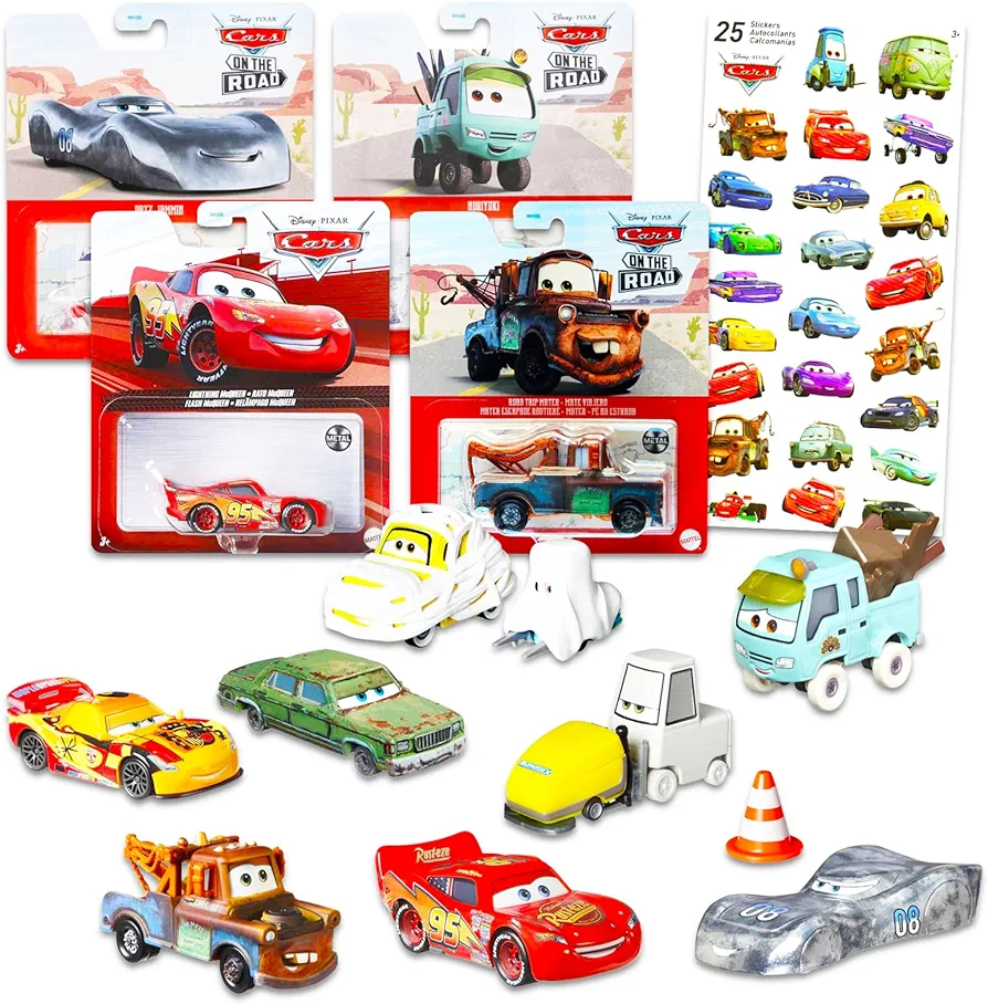 Disney Cars Toy Cars Set - 8 Pc Bundle with Lightning McQueen, Mater, and 6 Assorted Disney Cars Characters Plus Cars Stickers | Lightning McQueen Toys for Kids