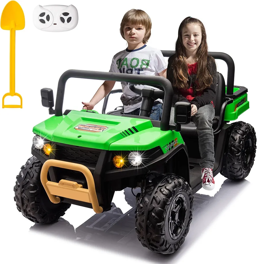 POSTACK 24V 2 Seater Kids Ride On UTV, 4 Wheeler Ride On Electric Dump Truck, 4WD Battery Powered Electric Car for 3+ Boys Girls with Remote Control, EVA Rubber Wheels, Bluetooth, Green