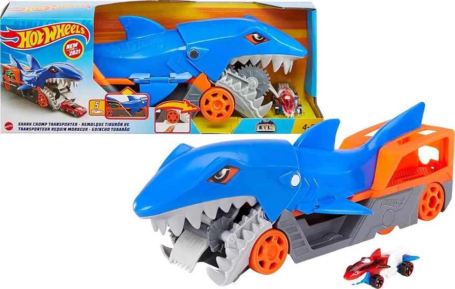 Hot Wheels Toy Car Playset, Shark Chomp Transporter & 1:64 Scale Car, Connects to Track & Stores 5 Scale Vehicles