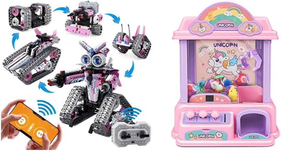 Amy&Benton Girls Remote Control Robot Building Kit Stem Pink Robot Kit with APP for 8-16 Year Old Kids + Claw Machine for Kids Grabber Arcade Crane Venting Toy with Prizes for Girls