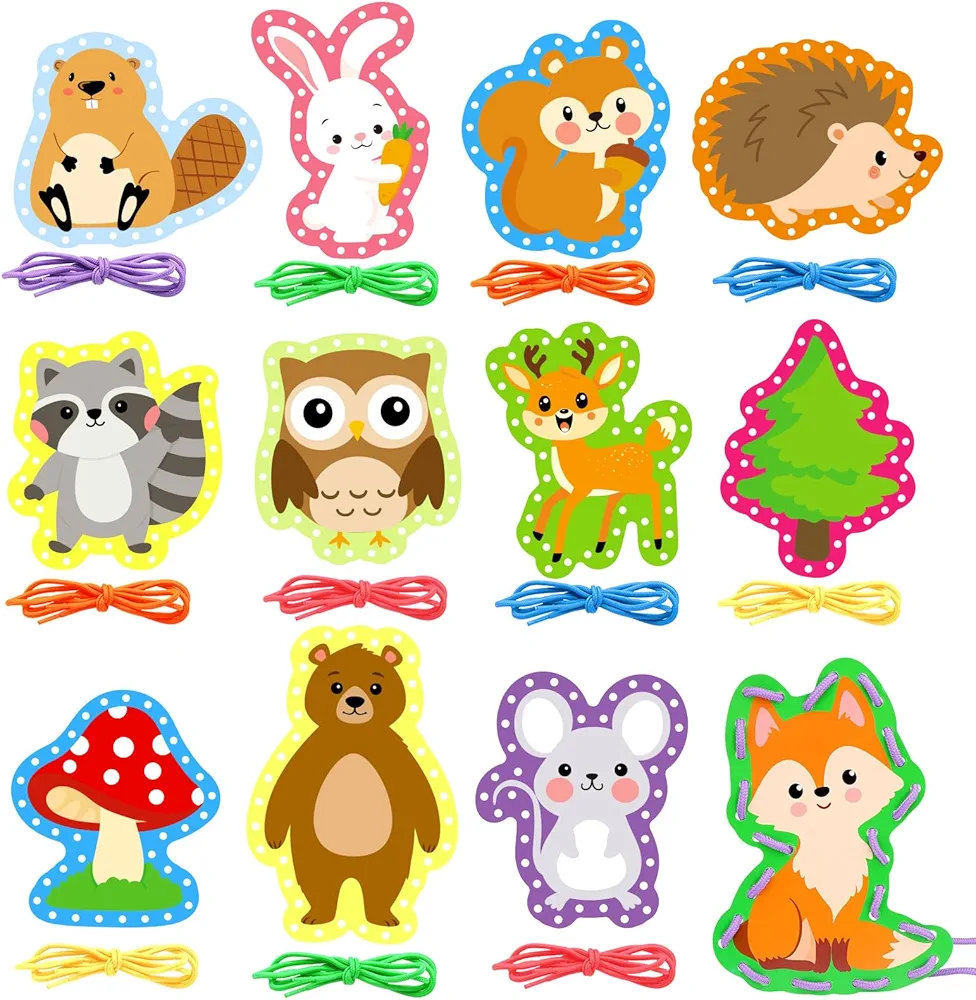 Omlisca Woodland Animals Lacing Cards 12 Pack Forest Animals Sewing Cards Owl Fox Bear Woodland Theme Party Decor Arts and Crafts Gifts for Kids Toddler Preschool Developing Imagination Supplies