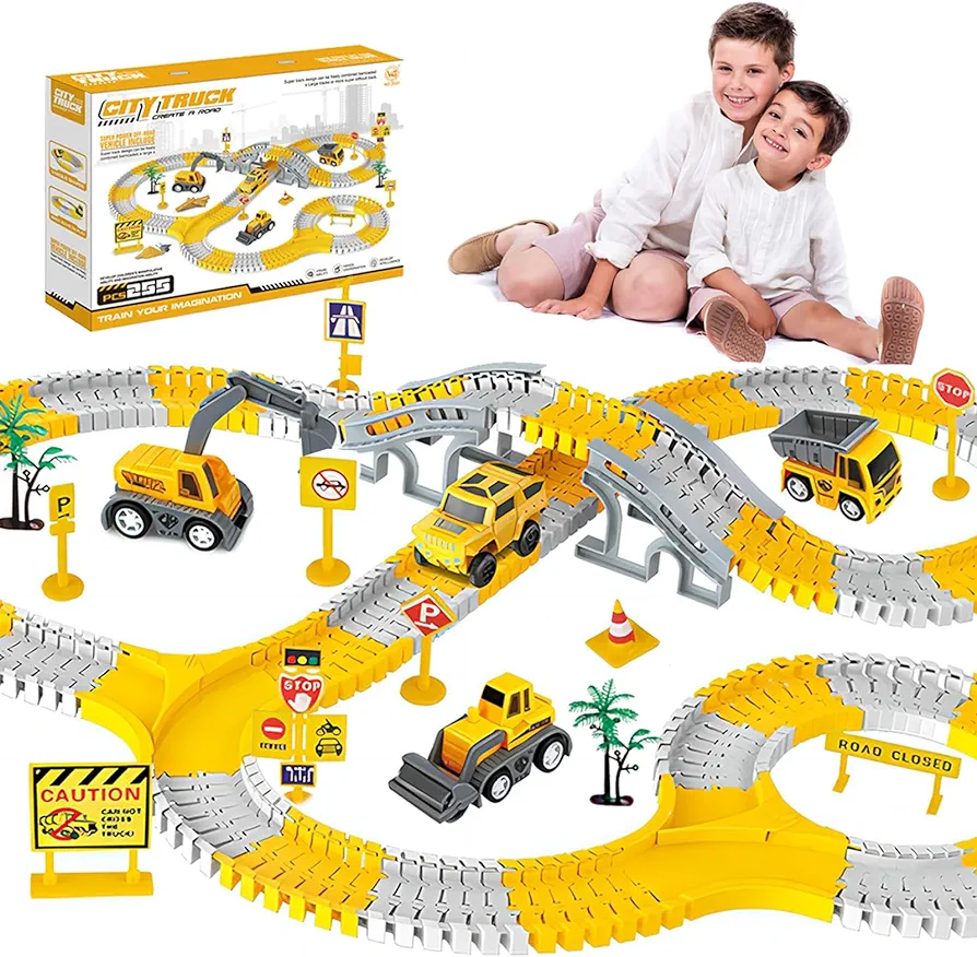 255 PCS Construction Race Tracks Toys for Kids, 4 PCS Construction Car and Flexible Track Playset Create A Engineering Road Games Best Gift for Children's Toys for 3 4 5 6 Year Old Boys Girls