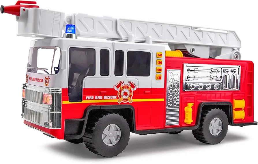 Playkidiz 15" Fire Truck Toy for Kids with Lights and Siren Sounds, Classic Red and White Rolling Emergency Vehicle, Interactive Play Movable Ladder, Early Learning Fun, Boys or Girls