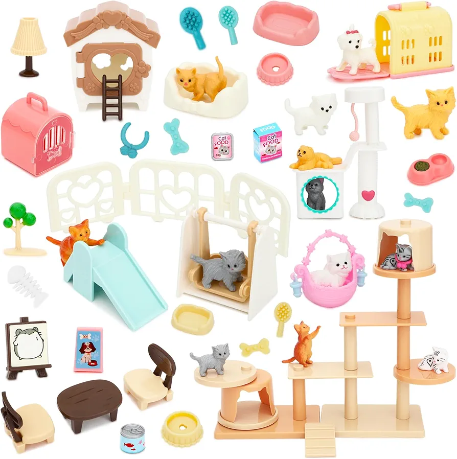 ONEST 65 Pieces Cat Figurine Playset Mini Cat Figurines Toys Realistic Pet Care Center Role Play Toys for Kids Toddlers Boys and Girls