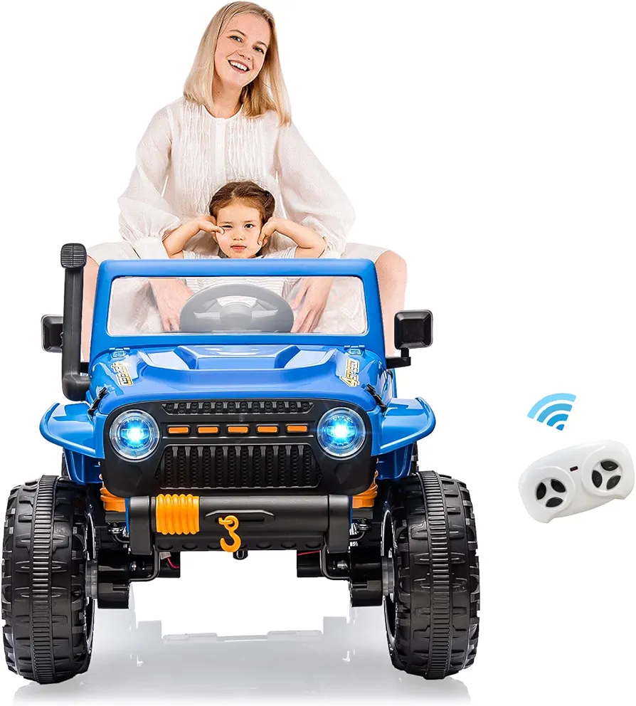 Ride on Car for Kids and Parent Remote Control, 24V 4WD Battery Powered Electric Car, 2 Seater Ride On Truck, Kids Electric Vehicle, Suspension, LED Lights (Blue-New)