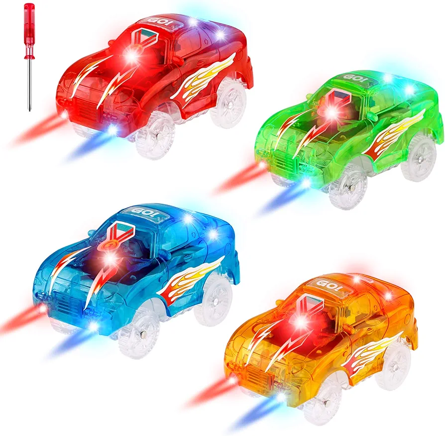 4pcs Tracks Cars Replacement Only - Light Up Magic Cars for Tracks Compatible with Glow in the Dark Toy Cars with 5 Led Flashing Lights for Most Race Tracks, Toys for 3+ Years Old Childs Boy and Girls