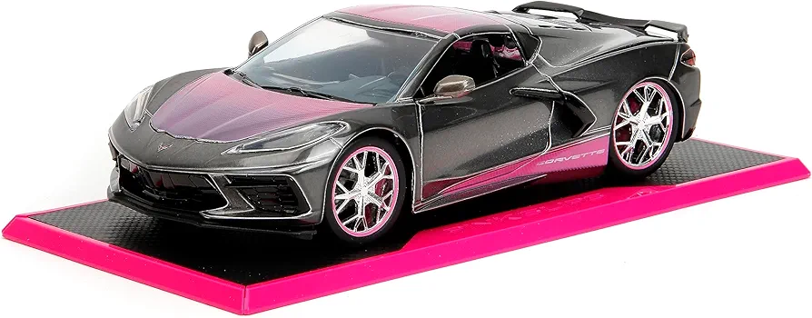 Pink Slips 1:24 W2 2020 Chevy Corvette Stingray Die-Cast Car w/Base, Toys for Kids and Adults(Metallic Grey/Pink)