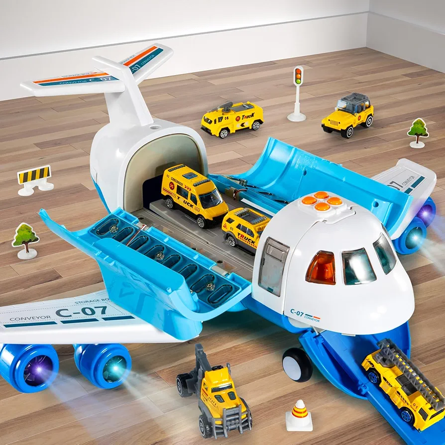 TEMI Mist Spay Storage Transport Plane Cargo with 6 Free Wheel Diecast Construction Vehicles and Playmat, Kids Toy Jet Aircraft with Lights & Sounds for 3 4 5 6 Years Old Boys and Girls