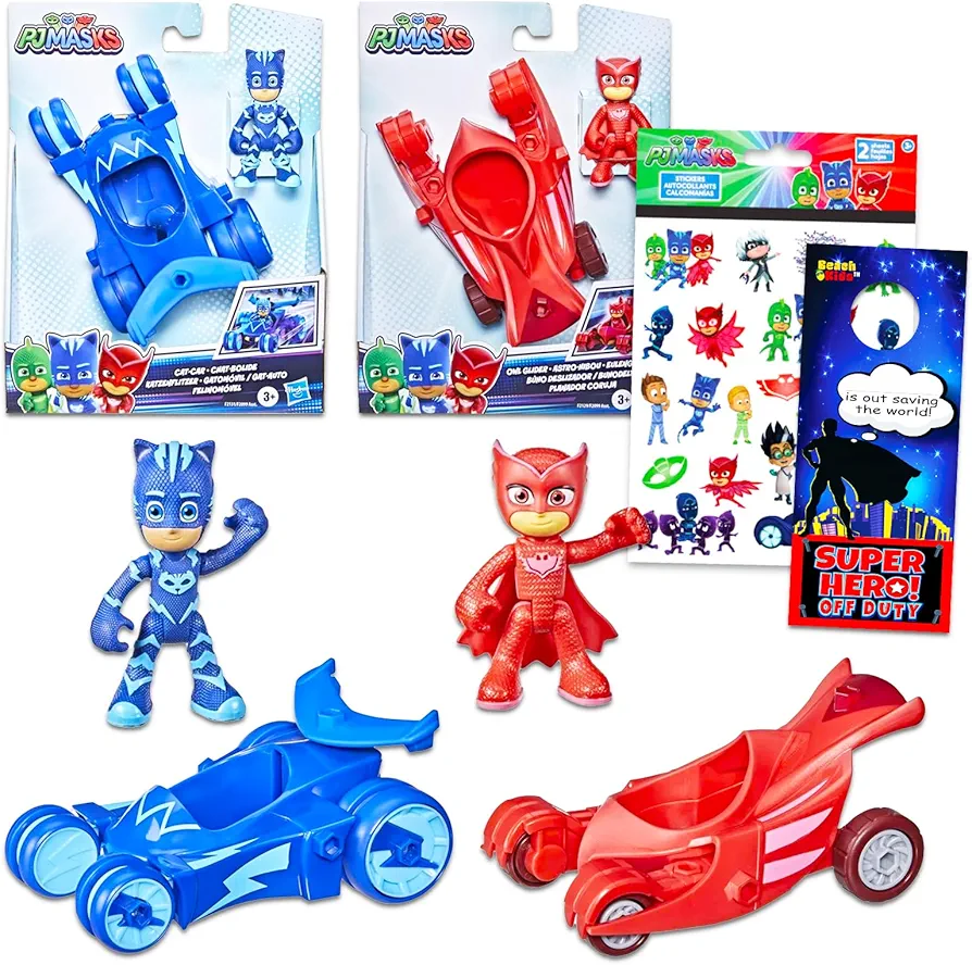 Disney PJ Masks Toy Cars Set for Kids - Bundle with 2 PJ Masks Cars Toys Featuring Catboy and Owlette Plus PJ Masks Stickers, More | PJ Masks Cars and Figures for Boys, Girls