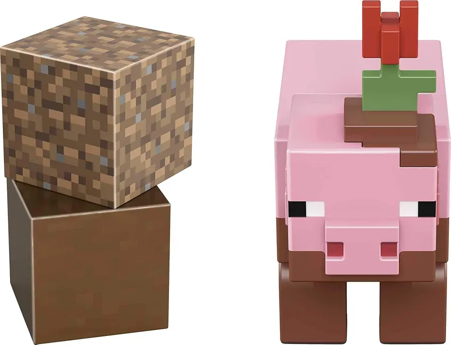 Minecraft Craft-A-Block Muddy Pig Figure, Authentic Pixelated Video-Game Characters, Action Toy to Create, Explore and Survive, Collectible Gift for Fans Age 6 Years and Older