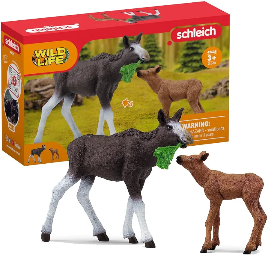 Schleich Wild Life Mother Moose and Calf Playset - North American Forest Animal Toys Playset with Realistic Natural Mother Moose and Baby Calf, Gift for Toddlers, Kids, Boys, and Girls Ages 3 and Up