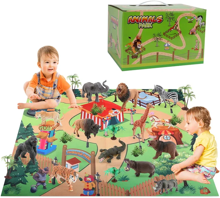 Safari Animal Figures with Play Mat, 24 PCS Realistic Jungle Zoo Toys for Kids 3-5 Years, Educational Gifts